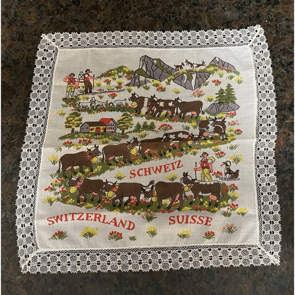 Vintage Novelty Handkerchief Switzerland Souvenir Cows Alps Schweiz Suisse